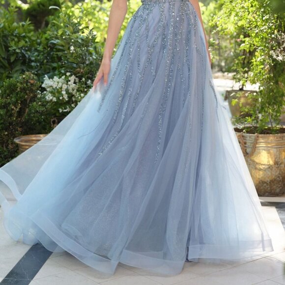 New Smoky Blue Strapless Beads Embellished A-Line Gown w/ Beaded Bodice CD A1491 - Picture 6 of 9